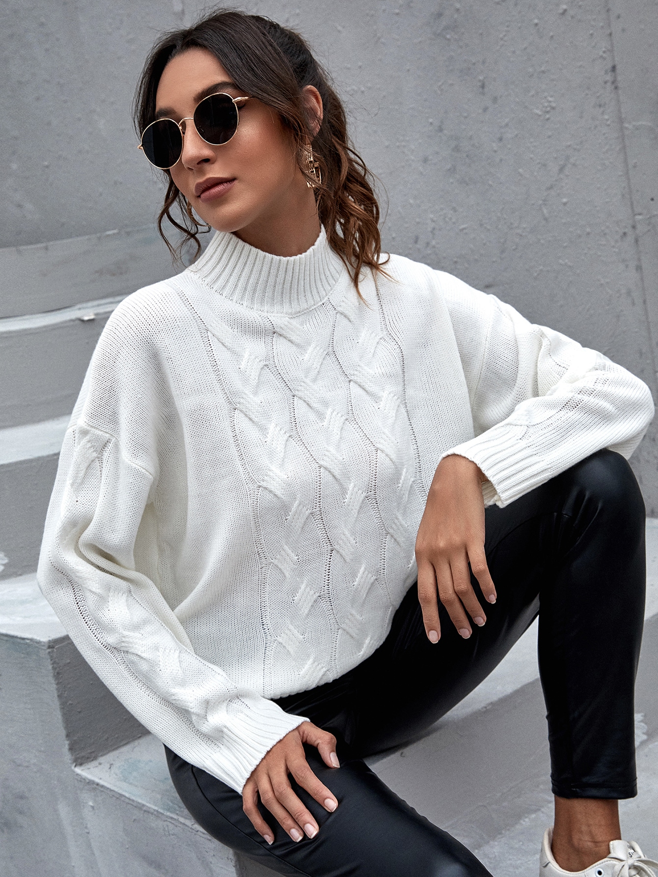 Cable Knit Drop Shoulder Sweater thumbnail