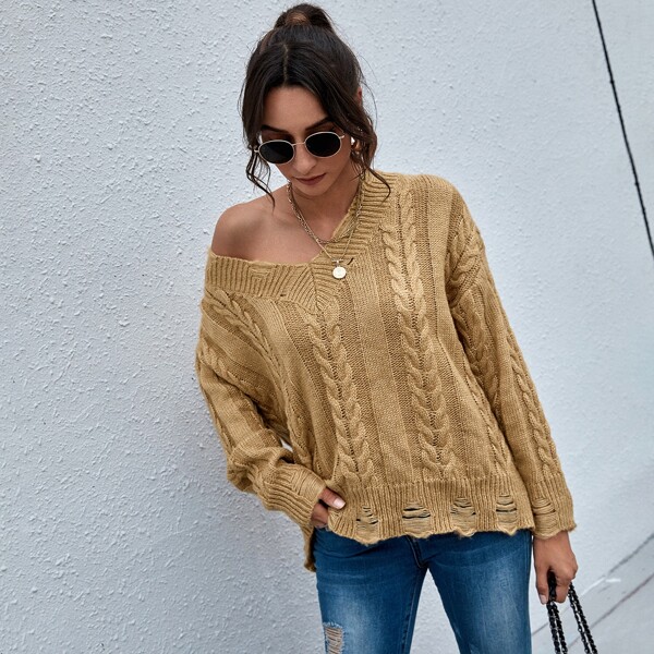 

Solid Cable Knit Ripped Sweater, Camel