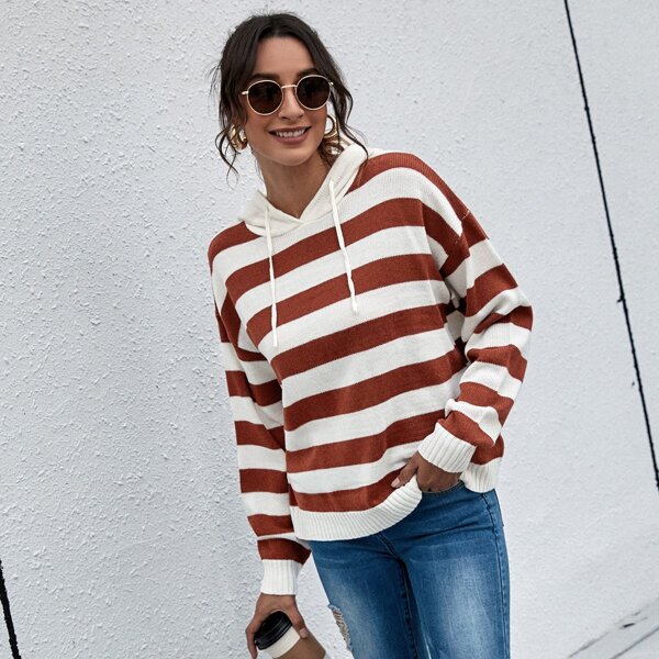 

Block Stripe Drawstring Hooded Sweater, Multicolor