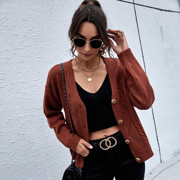 

Cable Knit Button Up Cardigan, Rust brown
