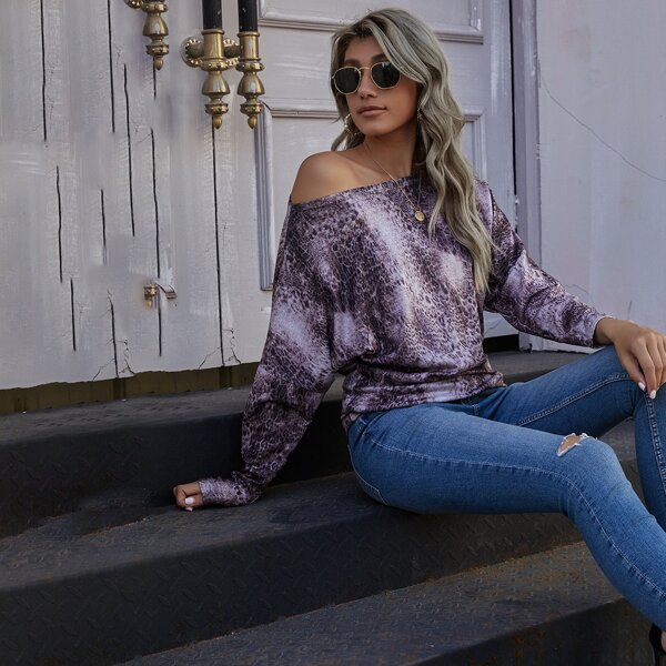 

Leopard Print Boat Neck T-Shirt, Purple