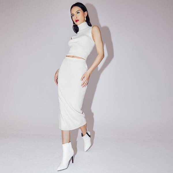 

High Neck Knit Top & Skirt Set, White