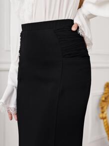 SHEIN Privé Chi tiết Ruched Thẳng Hem Váy Trang phục làm việc - màu đen - Xem 3