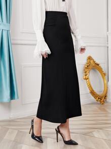 SHEIN Privé Chi tiết Ruched Thẳng Hem Váy Trang phục làm việc - màu đen - Xem 4