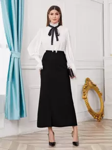 SHEIN Privé Chi tiết Ruched Thẳng Hem Váy Trang phục làm việc - màu đen - Xem 5