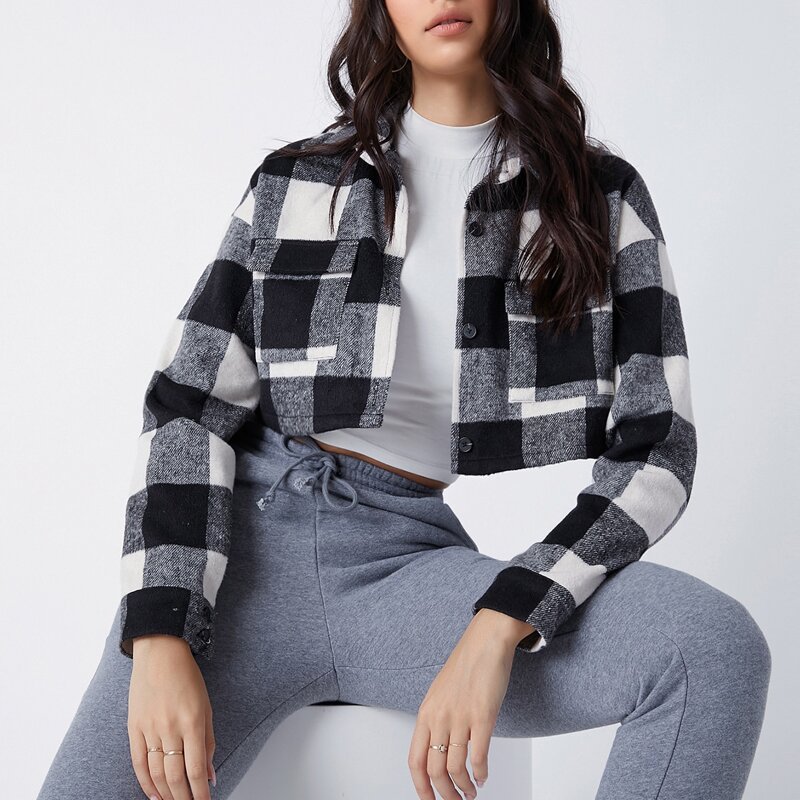 

Gingham Drop Shoulder Crop Jacket, Black and white