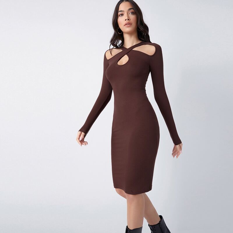 

Cut Out Criss Cross Front Bodycon Dress, Chocolate brown
