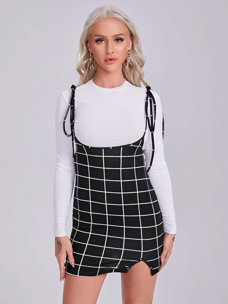 Shoulder split hem plaid overall dress clearance