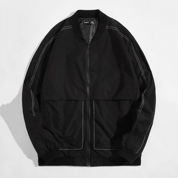 

Men Stitch Trim Zip Up Bomber Jacket, Black