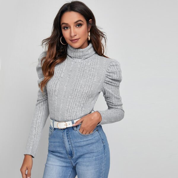 

Funnel Neck Gigot Sleeve Tee, Light grey