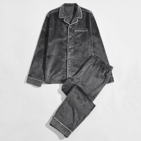 

Men Contrast Binding Flannel Shirt & Pants PJ Set, Dark grey