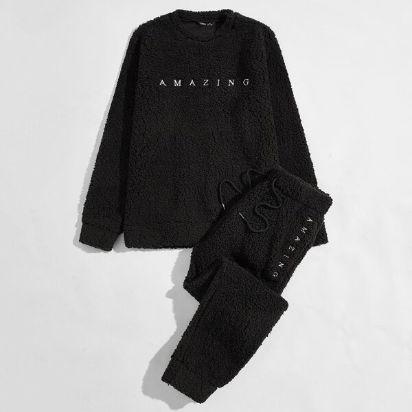 

Men Letter Embroidery Teddy Pullover & Drawstring Sweatpants Set, Black