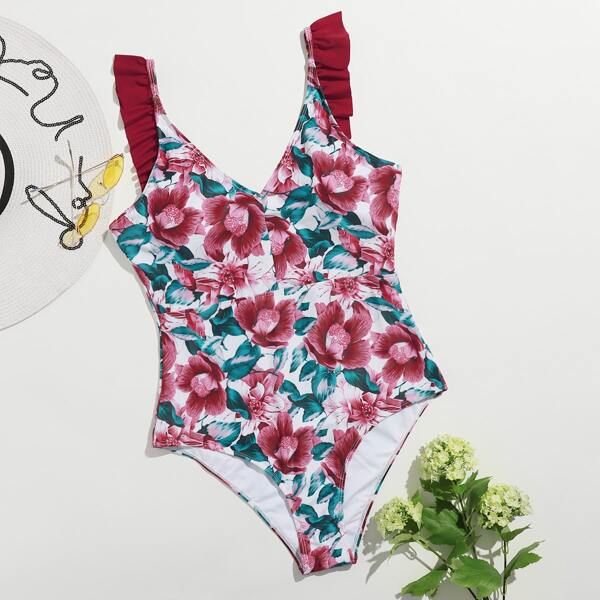 

Plus Floral Ruffle Trim One Piece Swimsuit, Multicolor