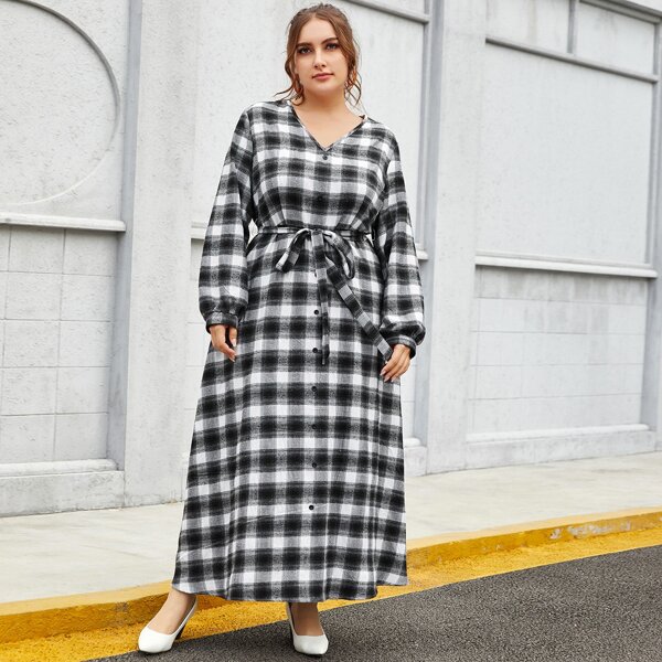 

Plus Gingham Button Front Belted Dress, Black and white