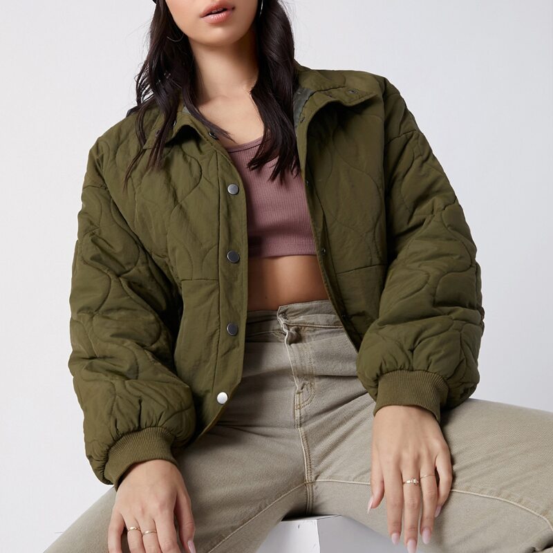 

Drop Shoulder Button Front Padded Jacket, Olive green