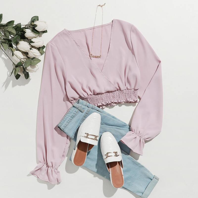 

V Neck Shirred Blouse, Lilac purple