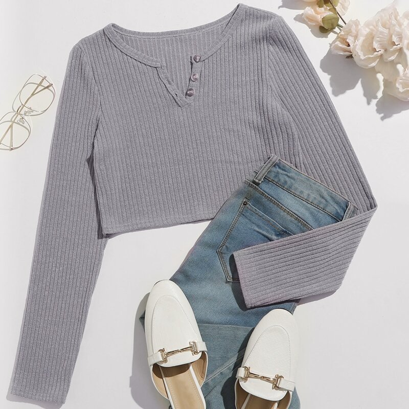 

Notched Neck Crop Ribbed Tee, Grey