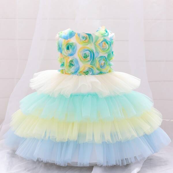 

Toddler Girls Tie Back Colorful Mesh Layered Gown Dress, Multicolor
