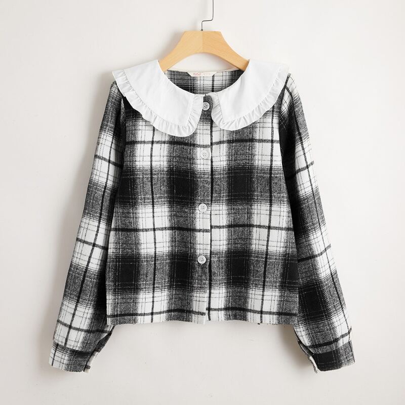 

Statement Collar Plaid Jacket, Black and white
