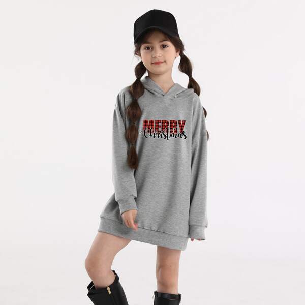 

Girls Letter & Gingham Print Hooded Sweatshirt Dress, Grey