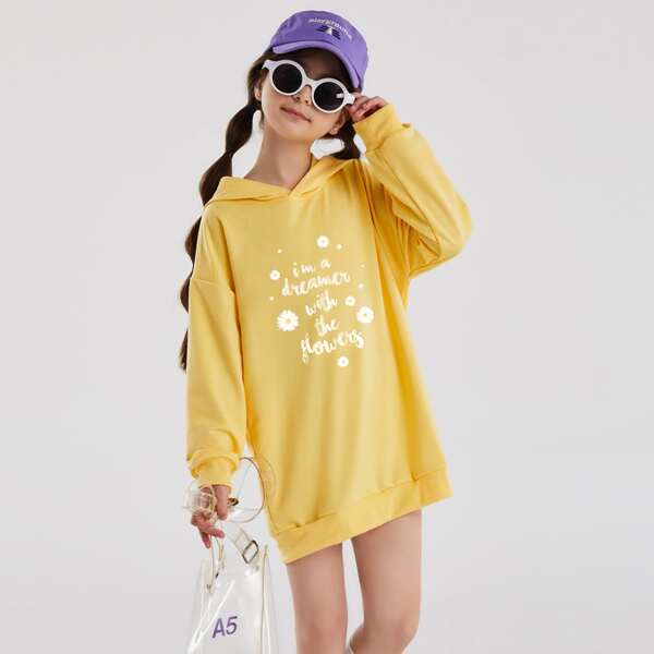 

Girls Floral & Slogan Graphic Hooded Sweatshirt Dress, Yellow