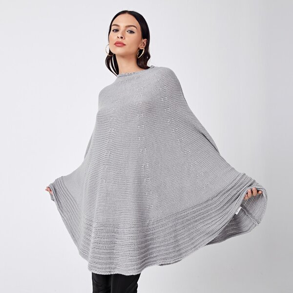 

Solid Longline Poncho Sweater, Light grey