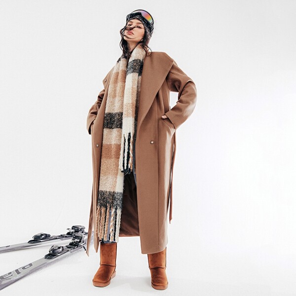 

Hidden button Belted Overcoat, Mocha brown