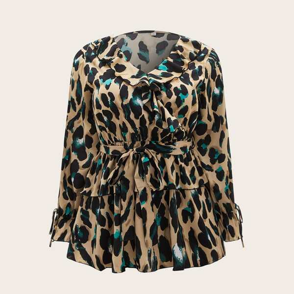 

Plus Allover Print Ruffle Belted Babydoll Blouse, Multicolor