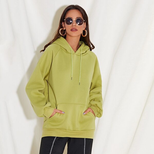 

Solid Kangaroo Pocket Drawstring Hooded Sweatshirt, Lime green