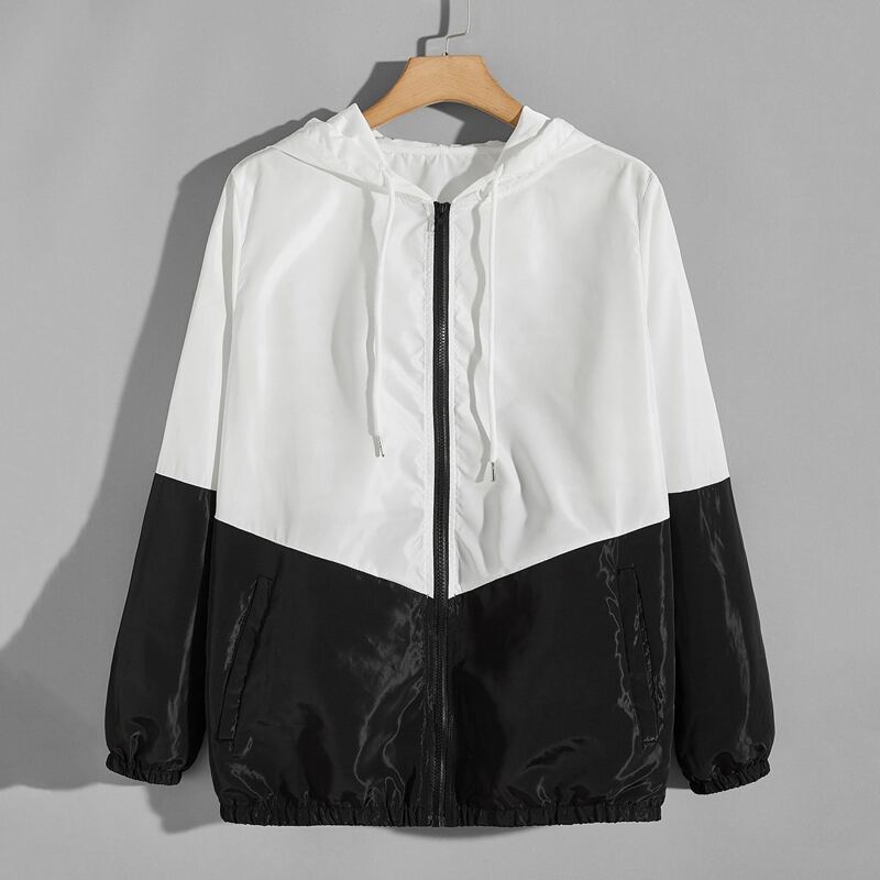 

Guys Two Tone Drawstring Zip-up Hooded Windbreaker Jacket, Black and white