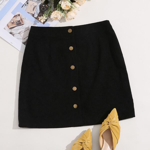 

Button Front Corduroy Straight Skirt, Black