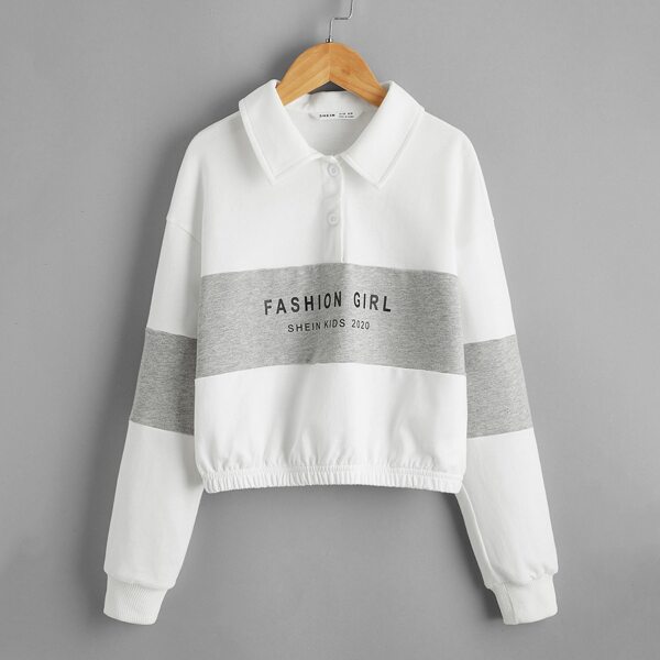 

Girls Slogan Graphic Drop Shoulder Polo Collar Sweatshirt, White