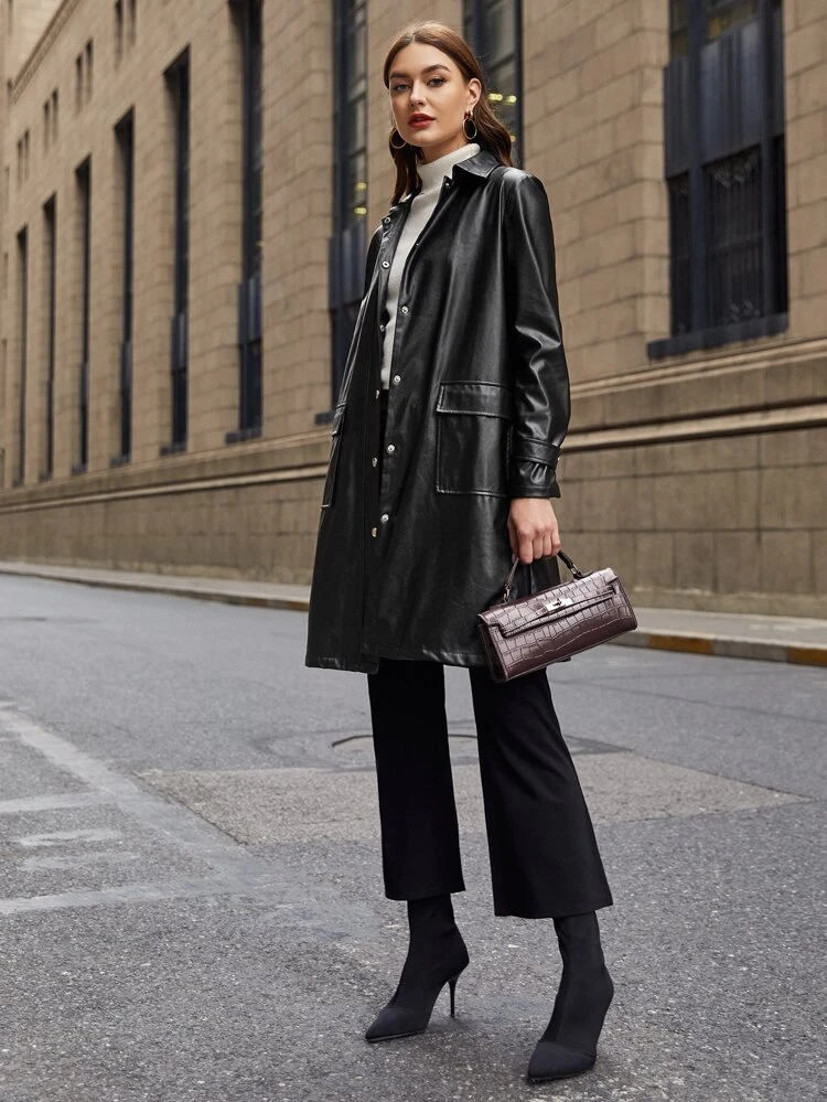 Shein button up belted pu leather coat Clearance