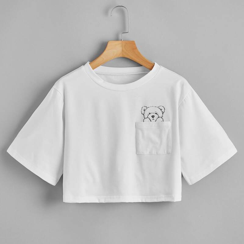 

Cartoon Bear Crop Tee, White