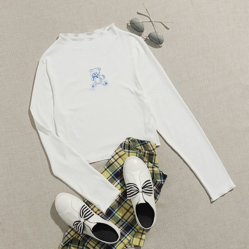 

Cartoon Bear Ribbed Tee, White