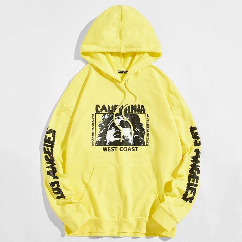 

Guys Slogan & Figure Graphic Drawstring Hoodie, Yellow bright