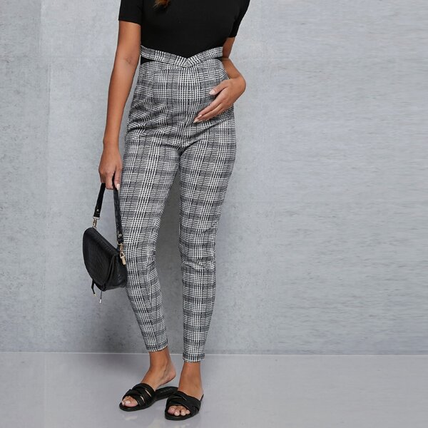 

Maternity Plaid Tie Waist Pants, Black and white