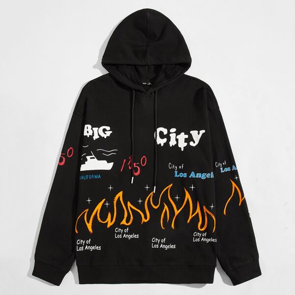 

Men Slogan & Fire Graphic Drawstring Hoodie, Black