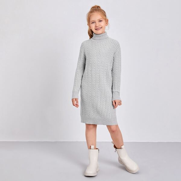 

Girls High Neck Cable Knit Sweater Dress, Light grey