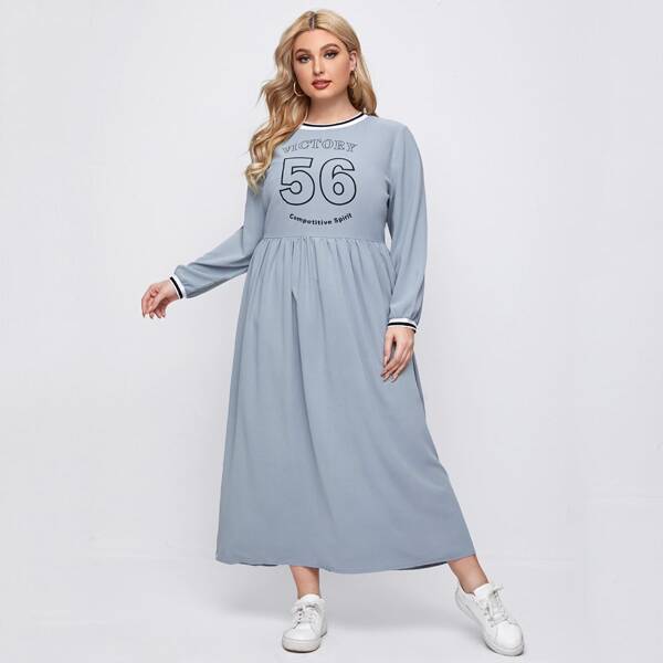 

Plus Letter Graphic Contrast Trim Dress, Dusty blue