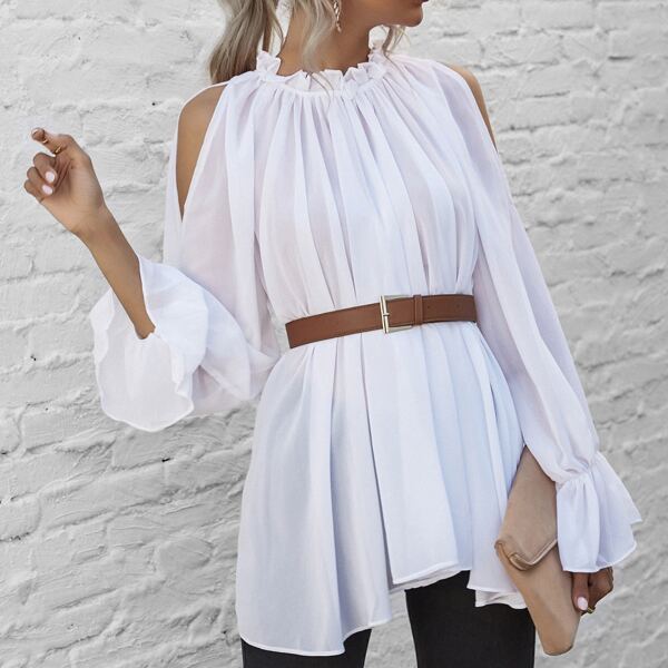 

Frill Neck Cold Shoulder Blouse Without Belt, White