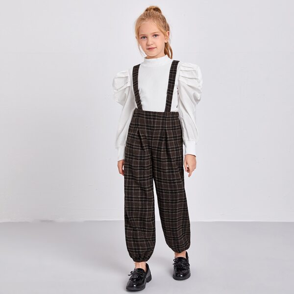 

Girls Gigot Sleeve Top & Plaid Pattern Overall Pants Set, Multicolor