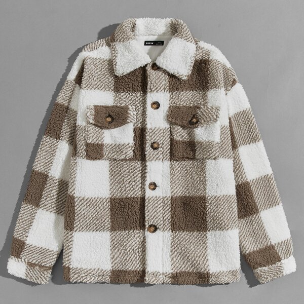 

Men Gingham Button Front Teddy Jacket, Multicolor