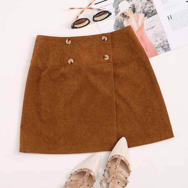

Double Button Mini Corduroy Skirt, Brown