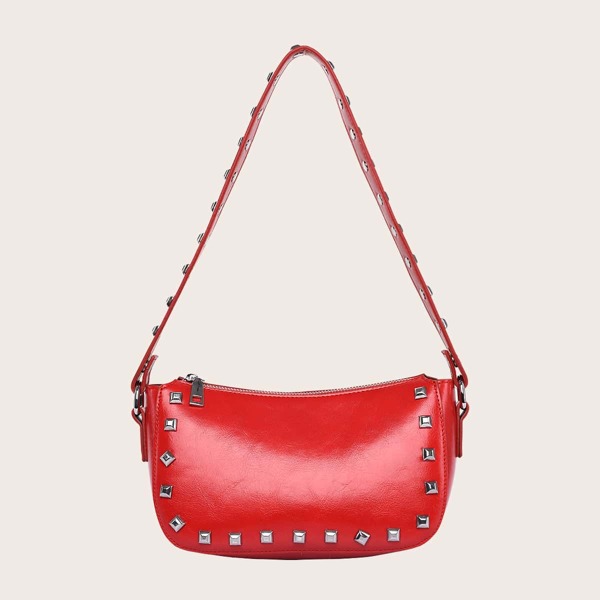 

Rivet Decor Baguette Bag, Red