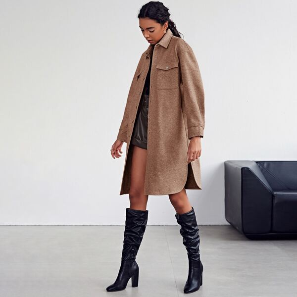

Drop Shoulder Flap Pocket Curved Hem Coat, Mocha brown