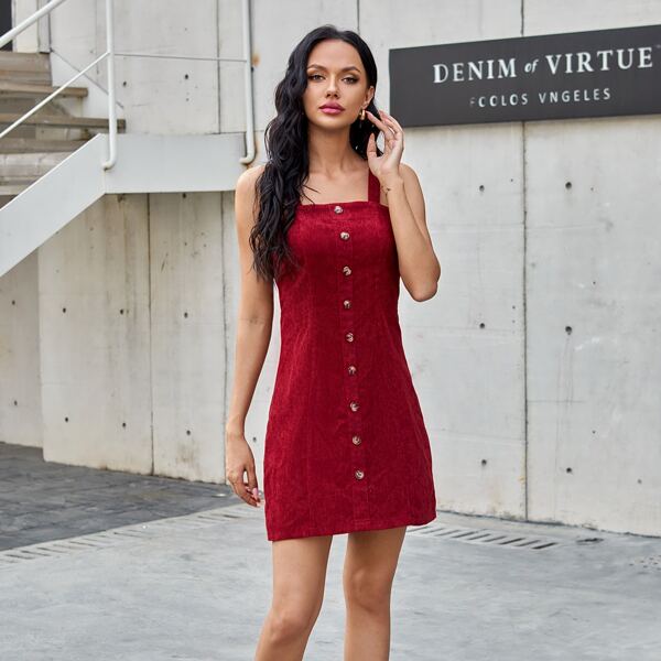 

Button Detail Corduroy Overall Dress, Burgundy