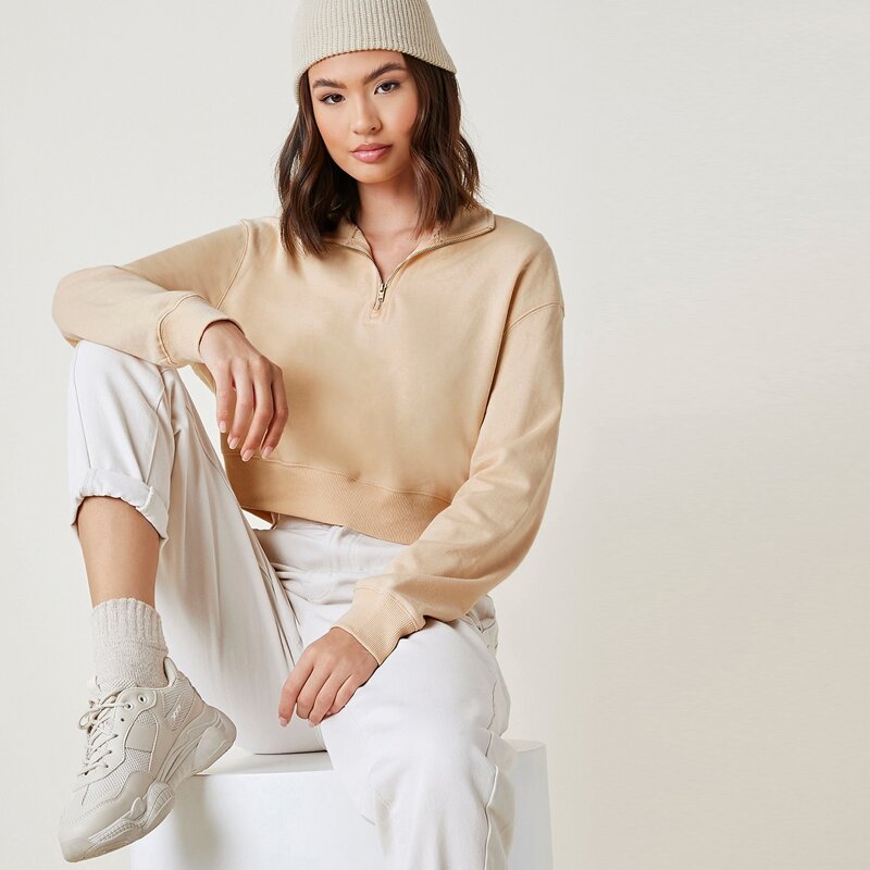 

Zip Half Placket Solid Sweatshirt, Apricot