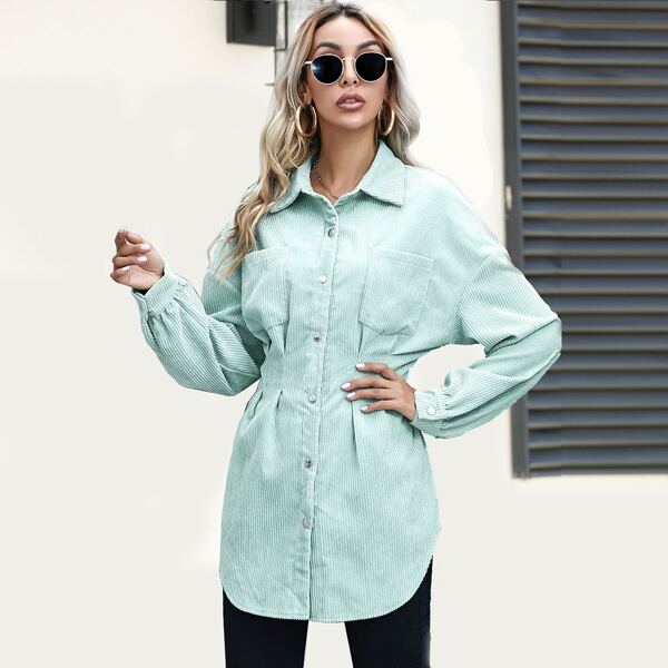 

Pocket Patched Gathered Waist Corduroy Coat, Mint green