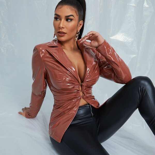 

PU Leather Slim Blazer, Rust brown